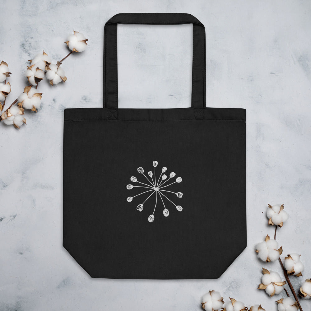 Minimalist engraving-style line art of a fennel seed umbellule printed on a tote bag. Flat lay, Ink colourway.
