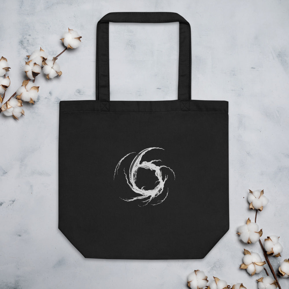 An astronomical study of Rosette Nebula dust lanes rendered in fine, organic hatching on a tote bag. Flat lay, Ink colourway.