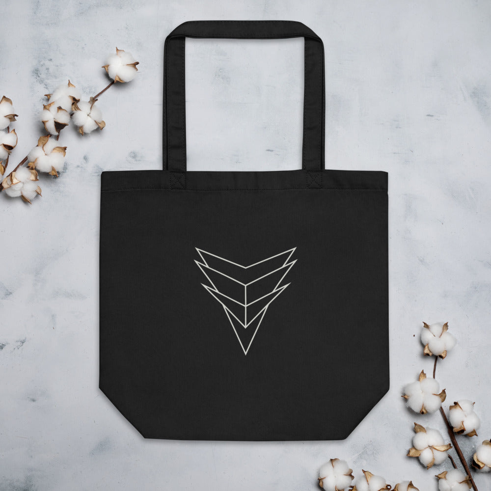 A symmetrical star-shaped crystalline specimen line art design printed on a tote bag. Flat lay, Ink colourway.