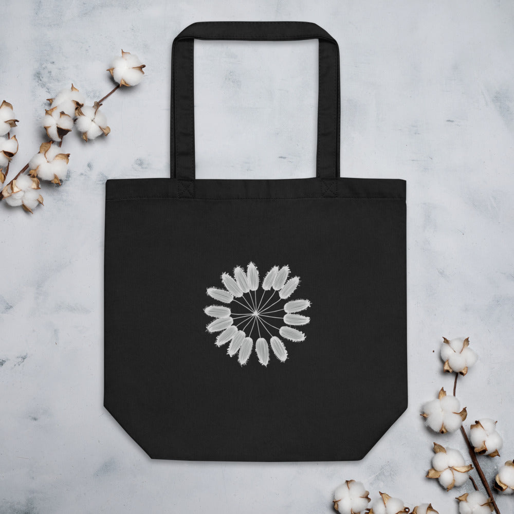 A detailed botanical line art illustration of a cumin seed umbellule printed on a tote bag. Flat lay, Ink colourway.