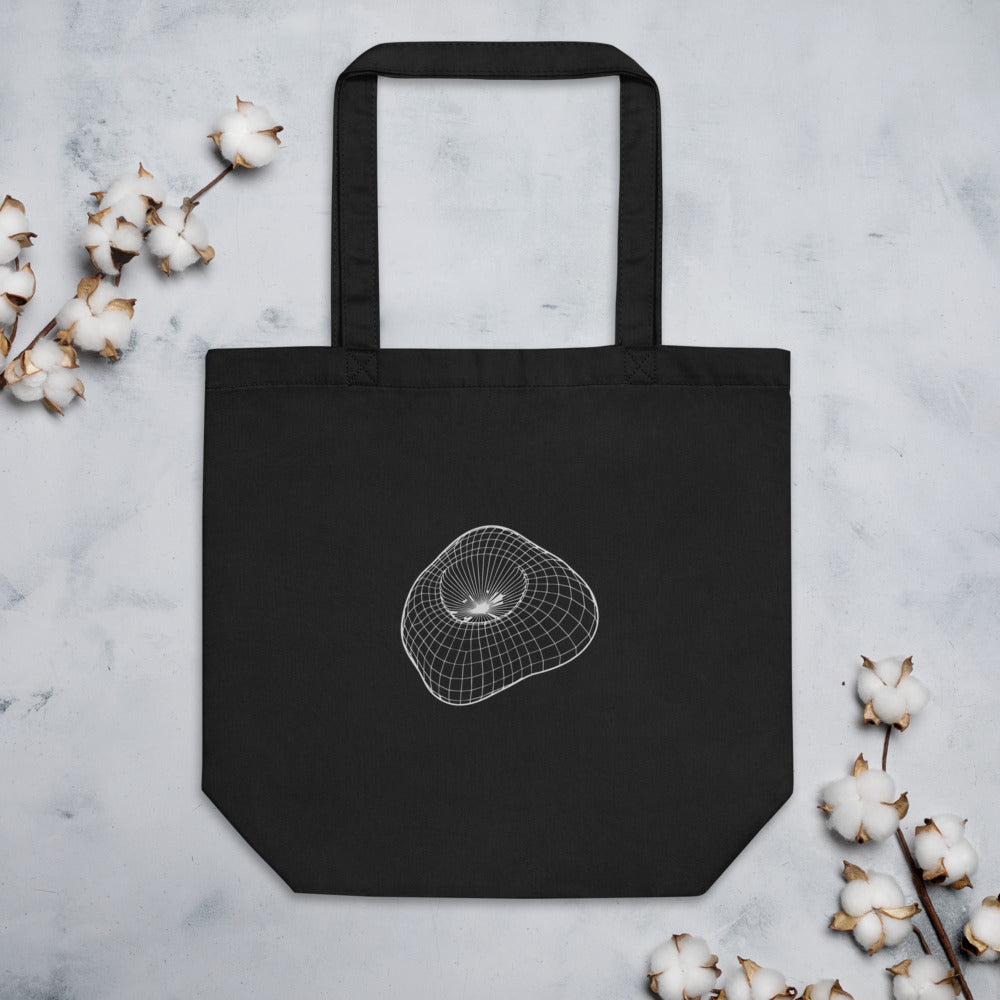 An isometric wireframe grid mapping the irregular form of Mars' moon Phobos, printed on a tote bag. Flat lay, Ink colourway.