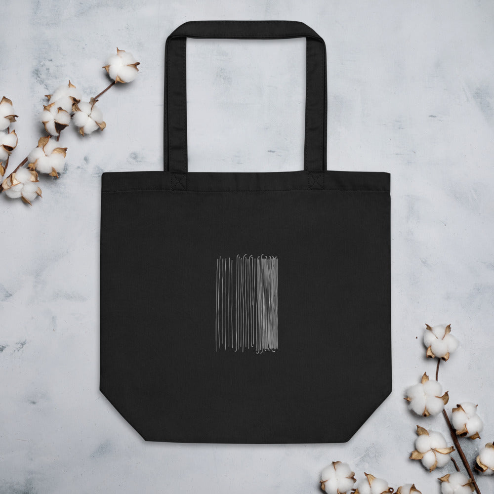 A three-column minimalist line art rain pattern printed on a tote bag. Flat lay, Ink colourway.