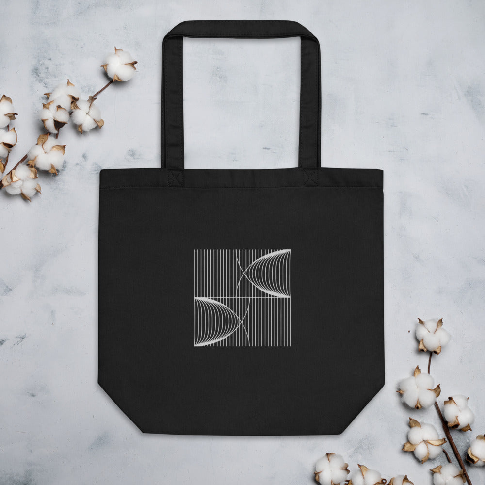 A precise mathematical design of parallel vertical lines with catenary displacement printed on a tote bag. Flat lay, Ink colourway.