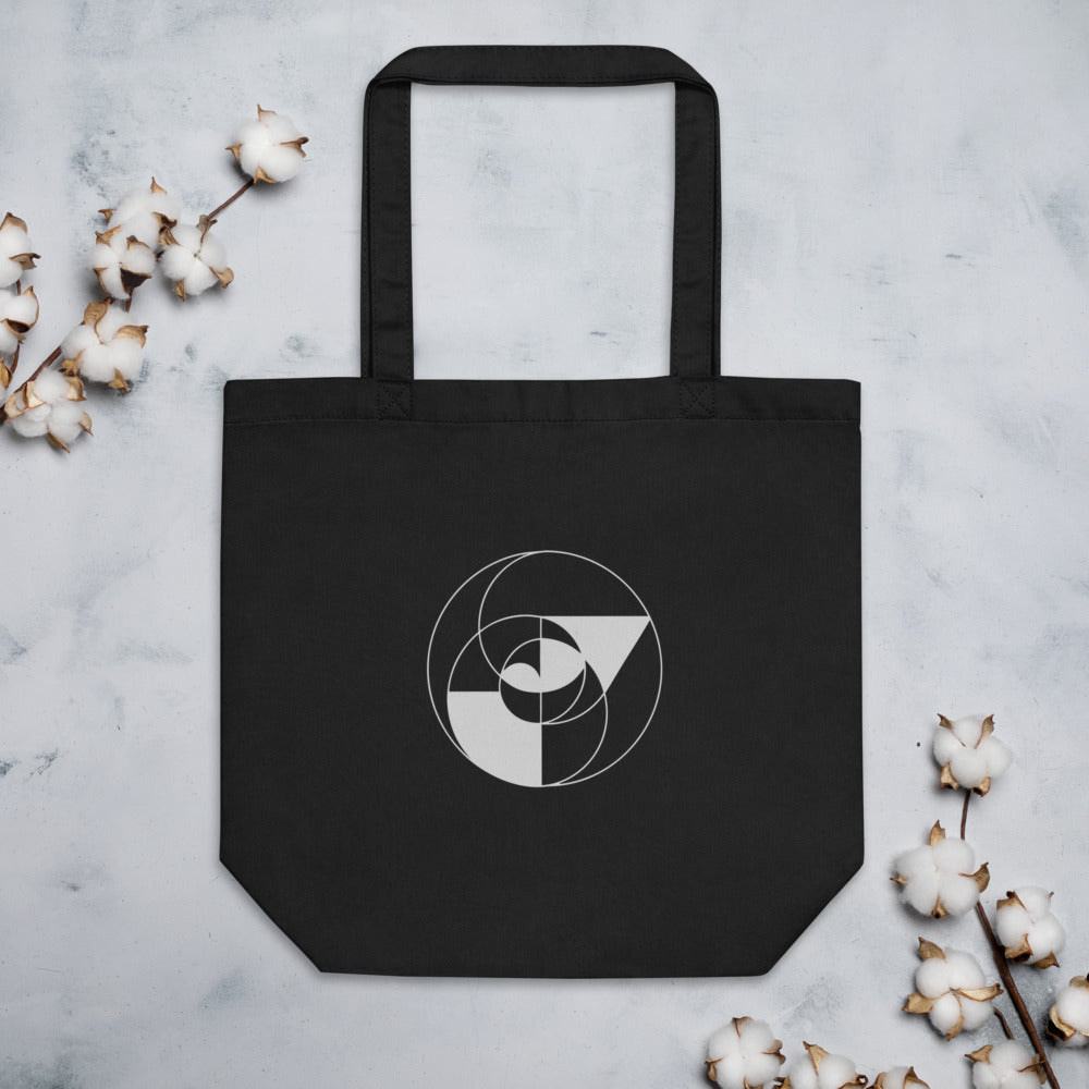 An Apollonian gasket fractal curve of nested tangent circles in fine vector lines on a minimalist tote bag. Flat lay, Ink colourway.