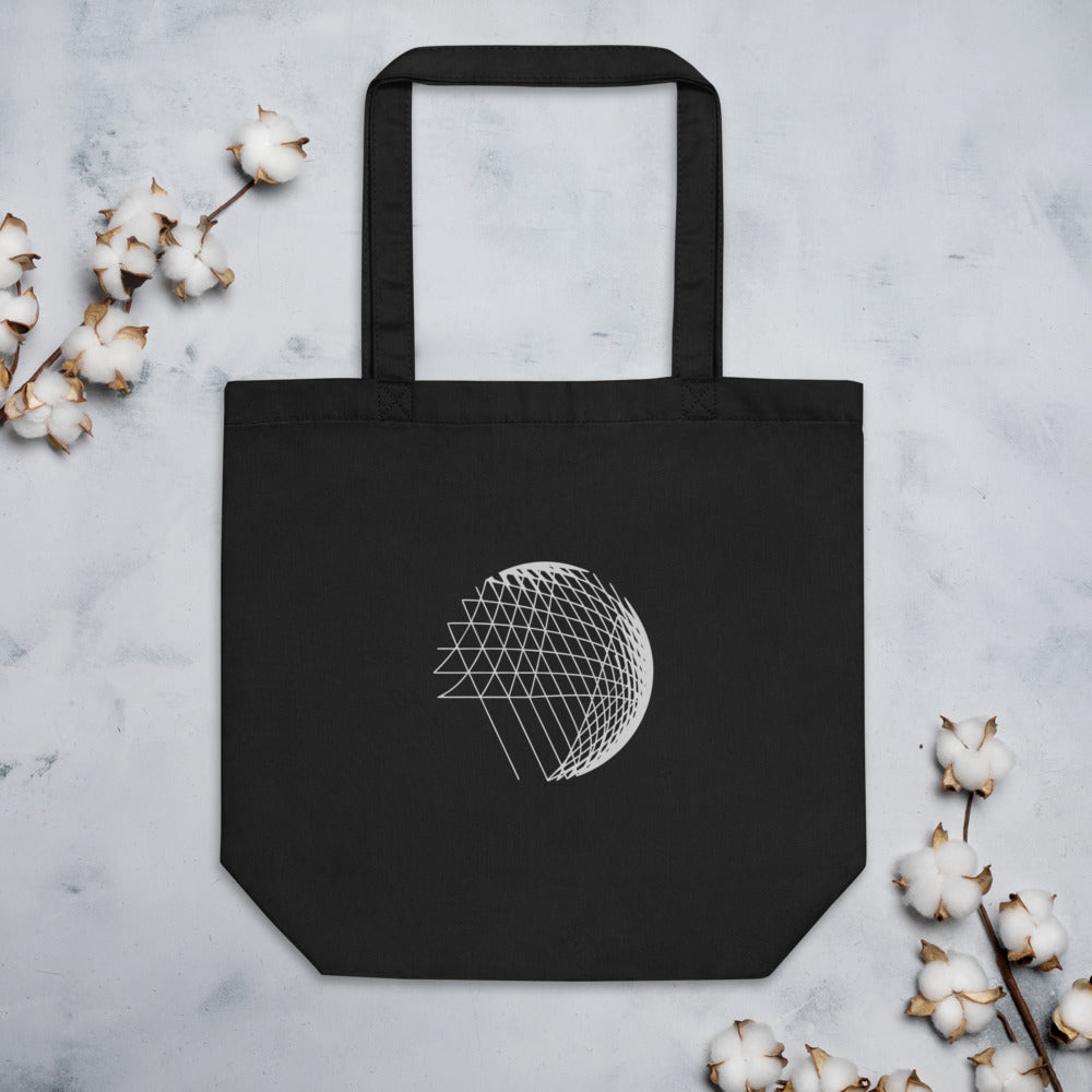 An abstract hyperbolic cylinder printed on a tote bag, constructed from intersecting straight vector lines. Flat lay, Ink colourway.