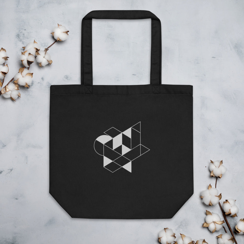 Isometric impossible tribar geometric line art design printed on a tote bag. Flat lay, Ink colourway.