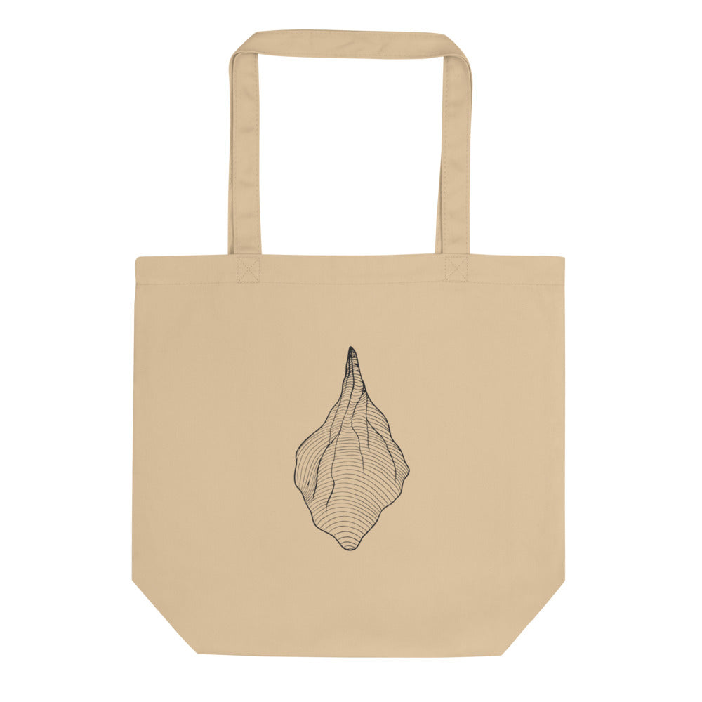 A micro-fine black line art design showing the concentric contours and crevasse lines of a hanging glacier on a tote bag. Shown on the Bone (Oyster) colorway.
