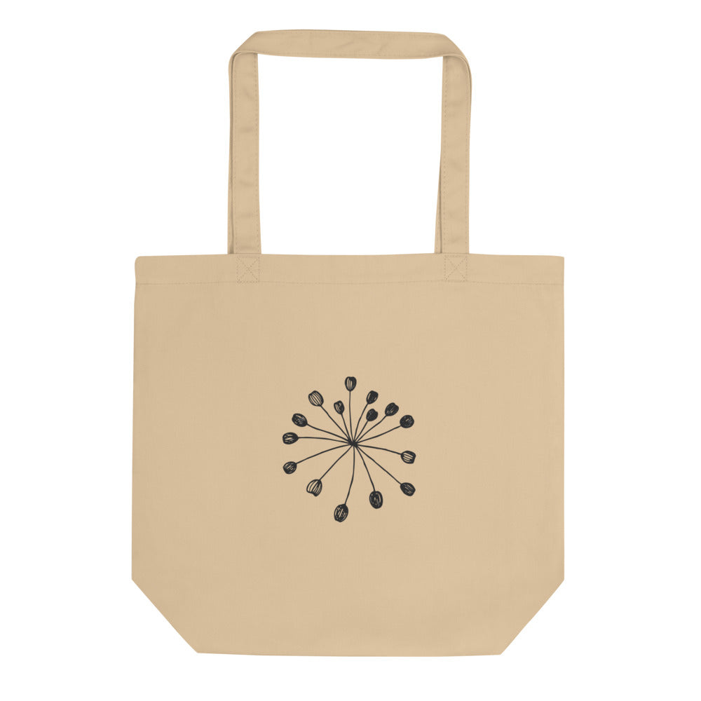 Minimalist engraving-style line art of a fennel seed umbellule printed on a tote bag. Shown on the Bone (Oyster) colorway.