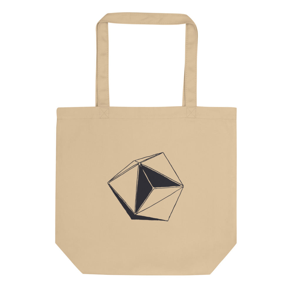 A minimalist line art design of an eight-sided octahedral craft printed on a canvas tote bag. Shown on the Bone (Oyster) colorway.