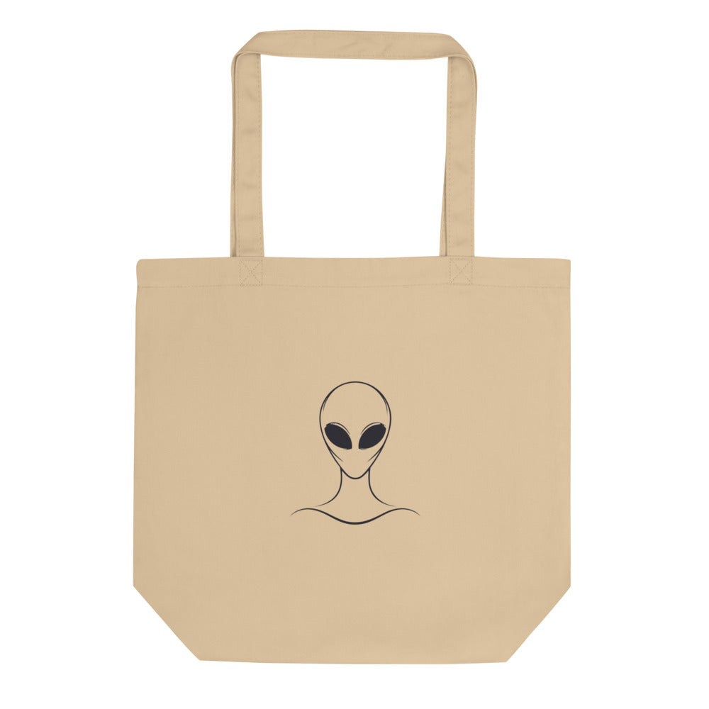 A minimalist line drawing of an alien head with black eyes and a high collar printed on a tote bag. Shown on the Bone (Oyster) colorway.