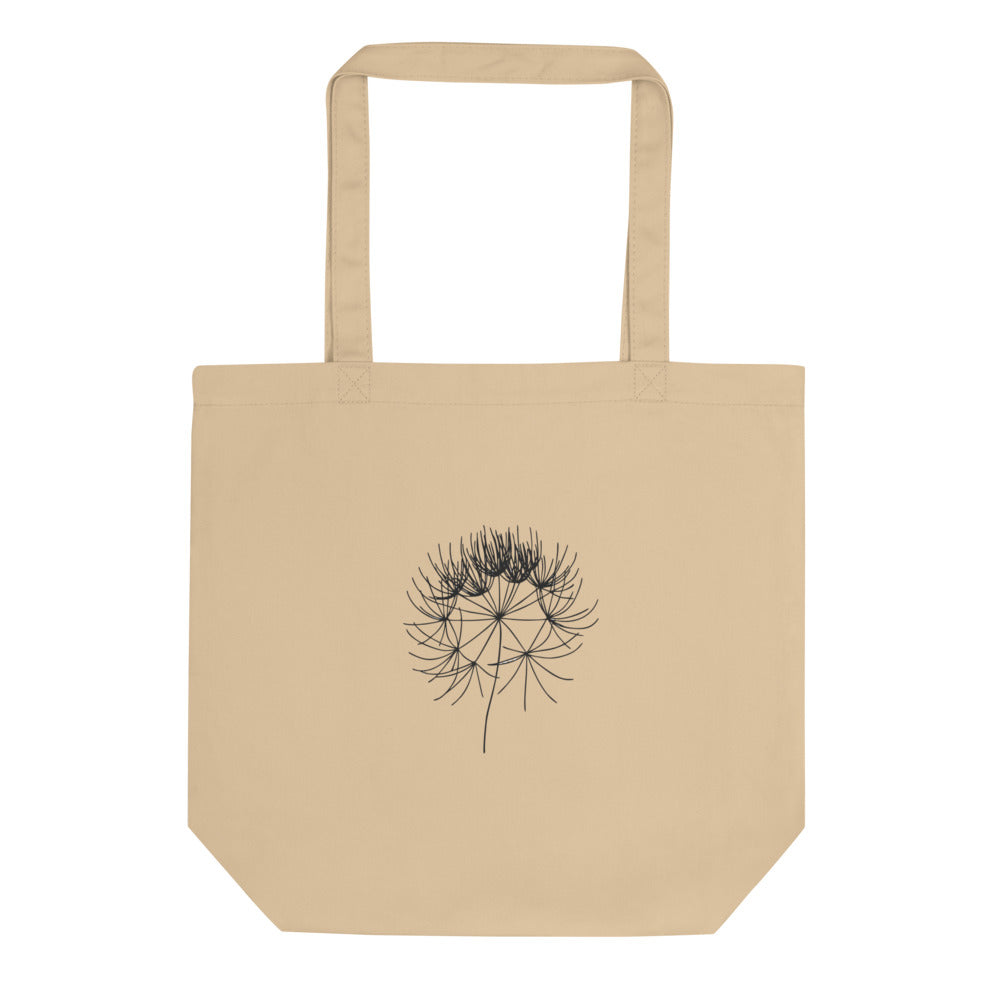 A precise line art drawing of a wild chervil seed umbel printed on a canvas tote bag. Shown on the Bone (Oyster) colorway.