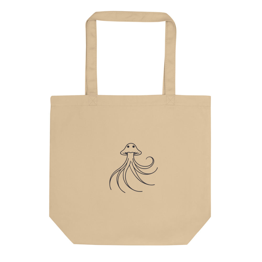 A minimalist line art drawing of a translucent atmospheric floater with elegant trailing arms printed on a tote bag. Shown on the Bone (Oyster) colorway.