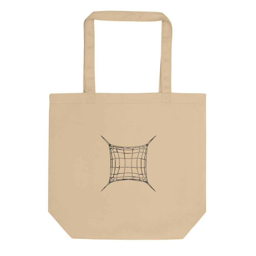 A line drawing of a box-shaped Biddulphia diatom frustule with corner spines, printed on a tote bag. Shown on the Bone (Oyster) colorway.