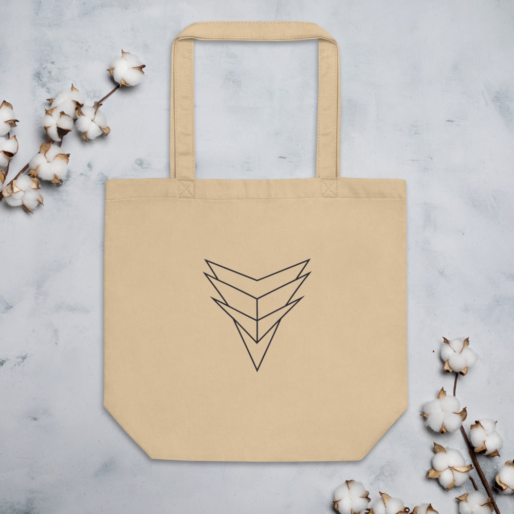 A symmetrical star-shaped crystalline specimen line art design printed on a tote bag. Flat lay, Bone colourway.