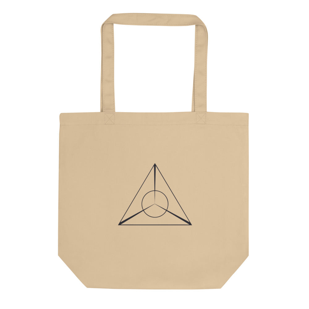 A minimalist black line art design of an equilateral triangle with intersecting lines printed on a tote bag. Shown on the Bone (Oyster) colorway.