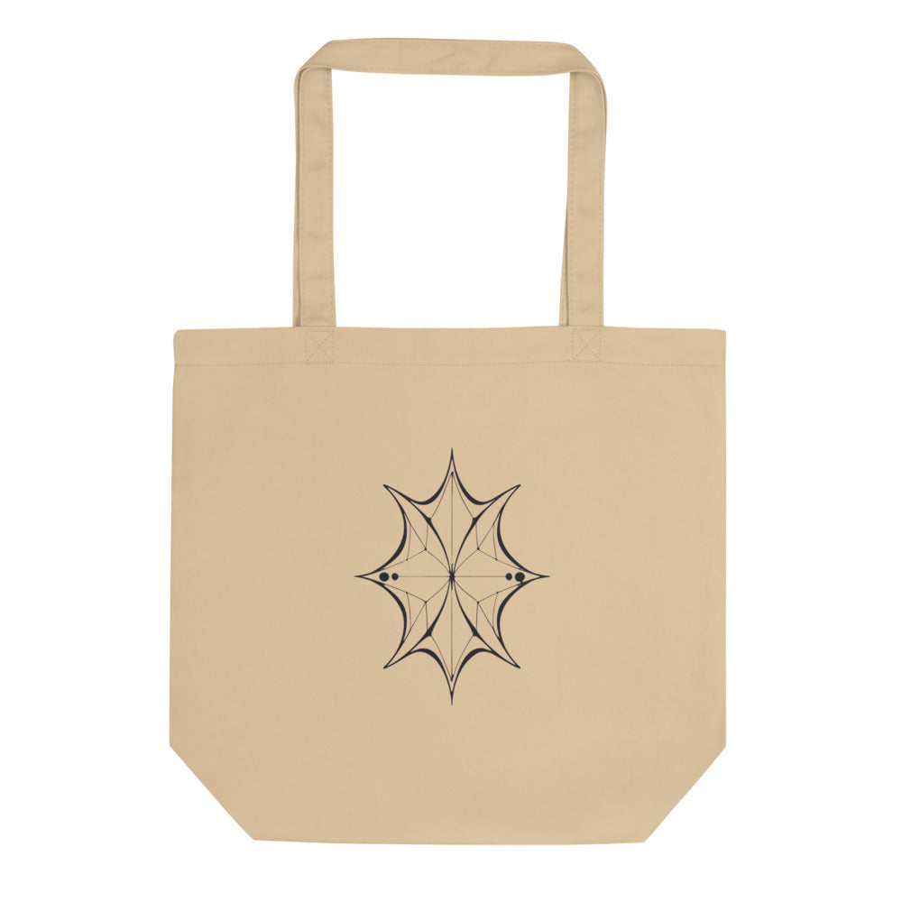 Minimalist six-pointed crystalline organism design printed in fine line art style on a tote bag. Shown on the Bone (Oyster) colorway.