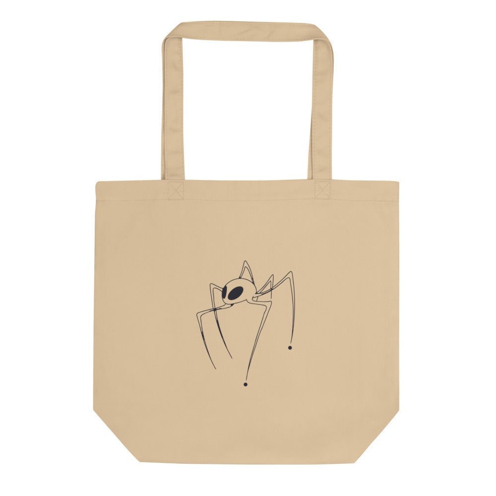 A minimalist line drawing of a six-legged insectoid alien specimen printed on a tote bag. Shown on the Bone (Oyster) colorway.