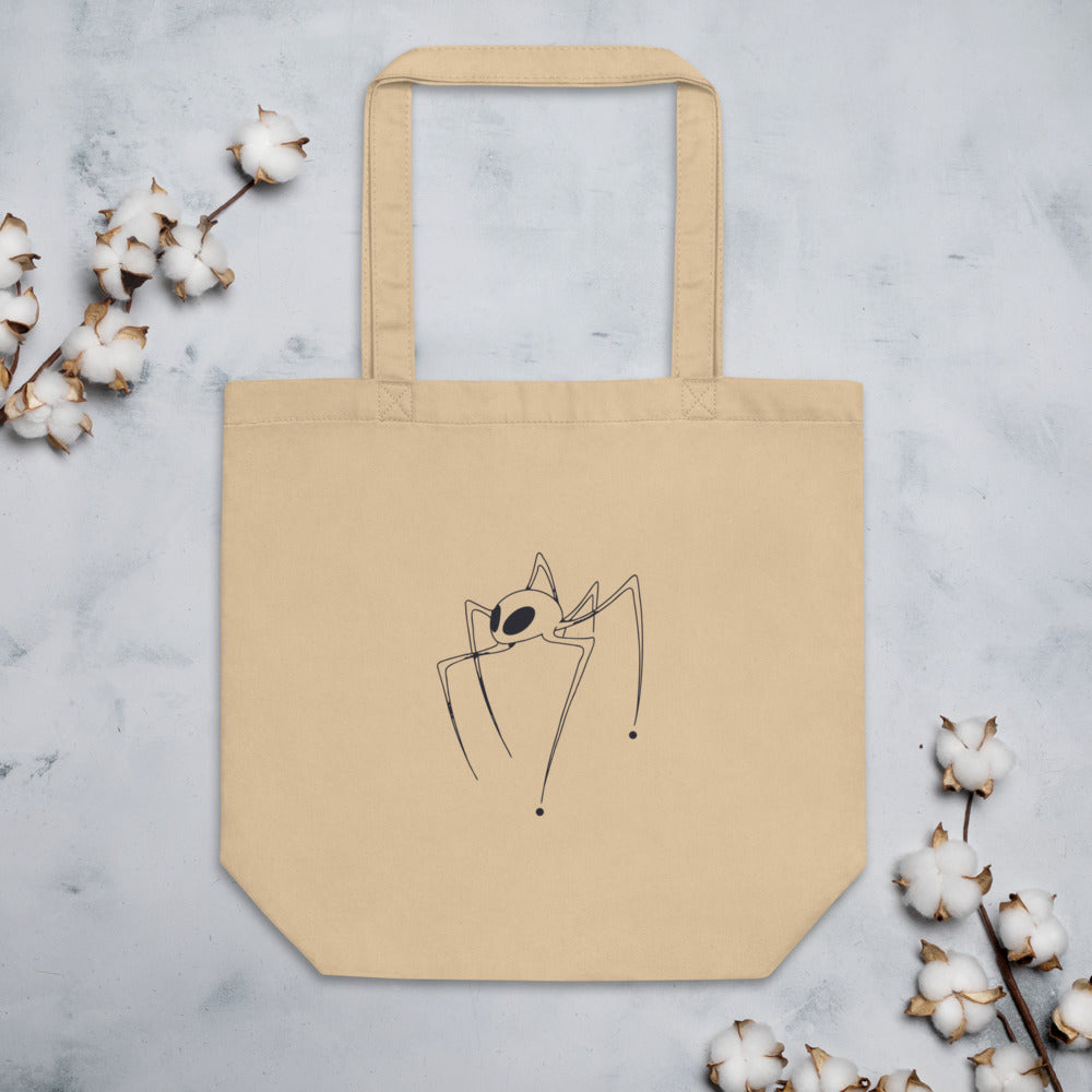 A minimalist line drawing of a six-legged insectoid alien specimen printed on a tote bag. Flat lay, Bone colourway.