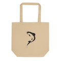 A minimalist sumi-e brushstroke of a rising trout back and tail printed on a tote bag. Shown on the Bone (Oyster) colorway.