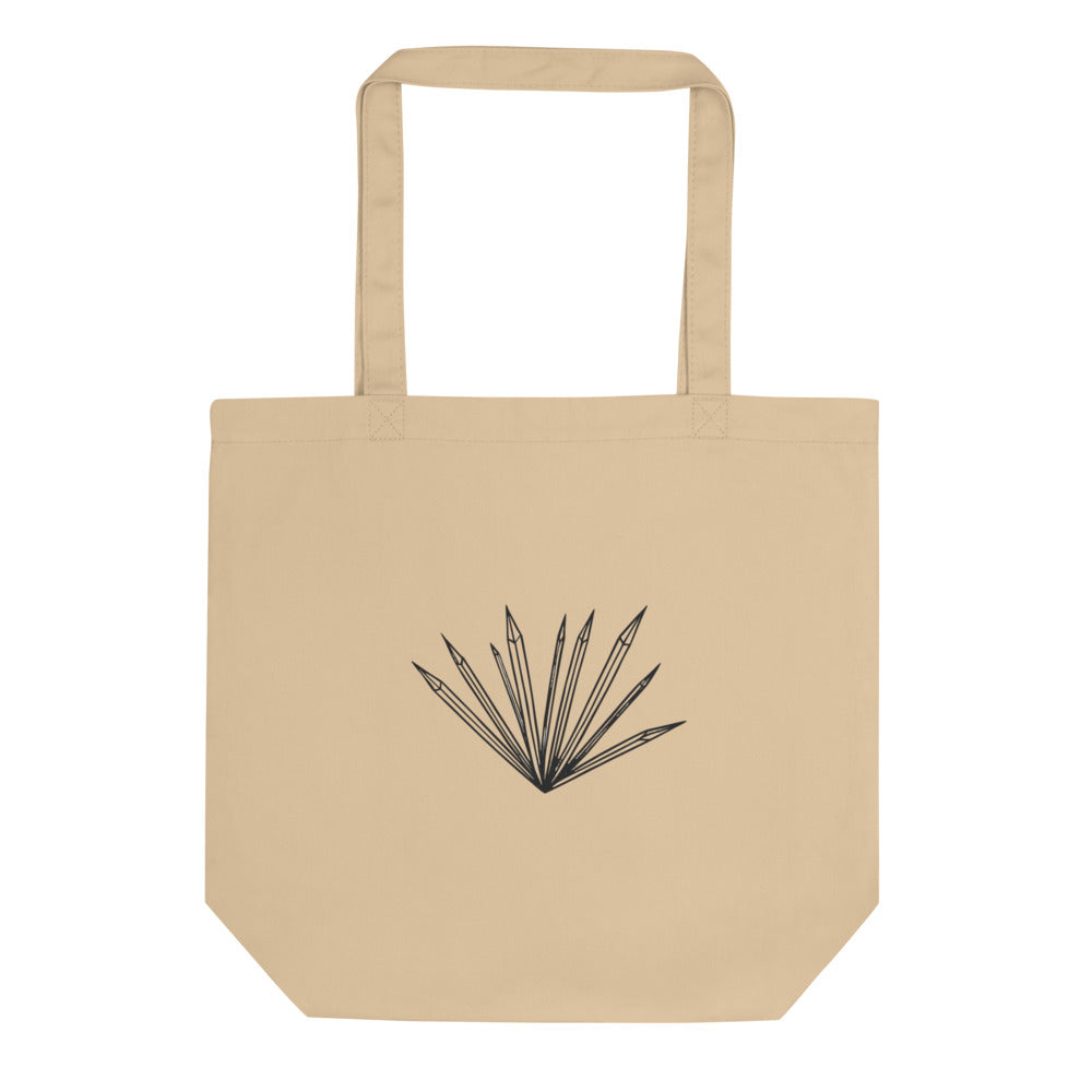 An isolated graphic of radiating hoarfrost crystal needles printed on a tote bag. Shown on the Bone (Oyster) colorway.
