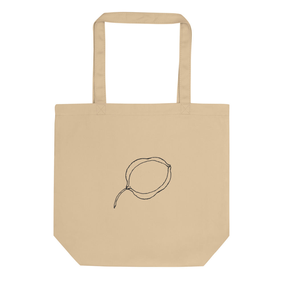 A minimalist, stippled line art drawing of a single translucent Lunaria seed pod on a tote bag. Shown on the Bone (Oyster) colorway.