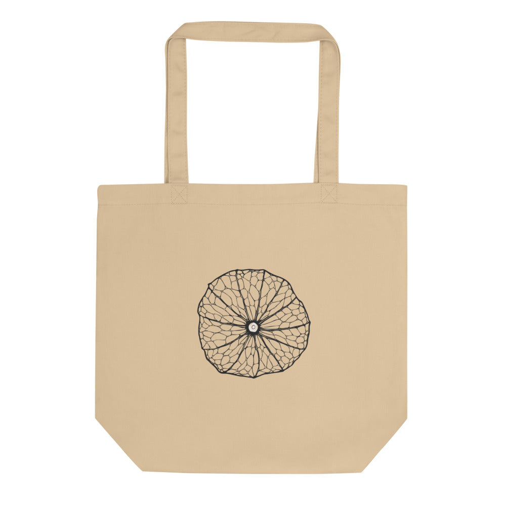 Fine-line illustration of a skeletonized Physalis calyx printed on a tote bag. Shown on the Bone (Oyster) colorway.