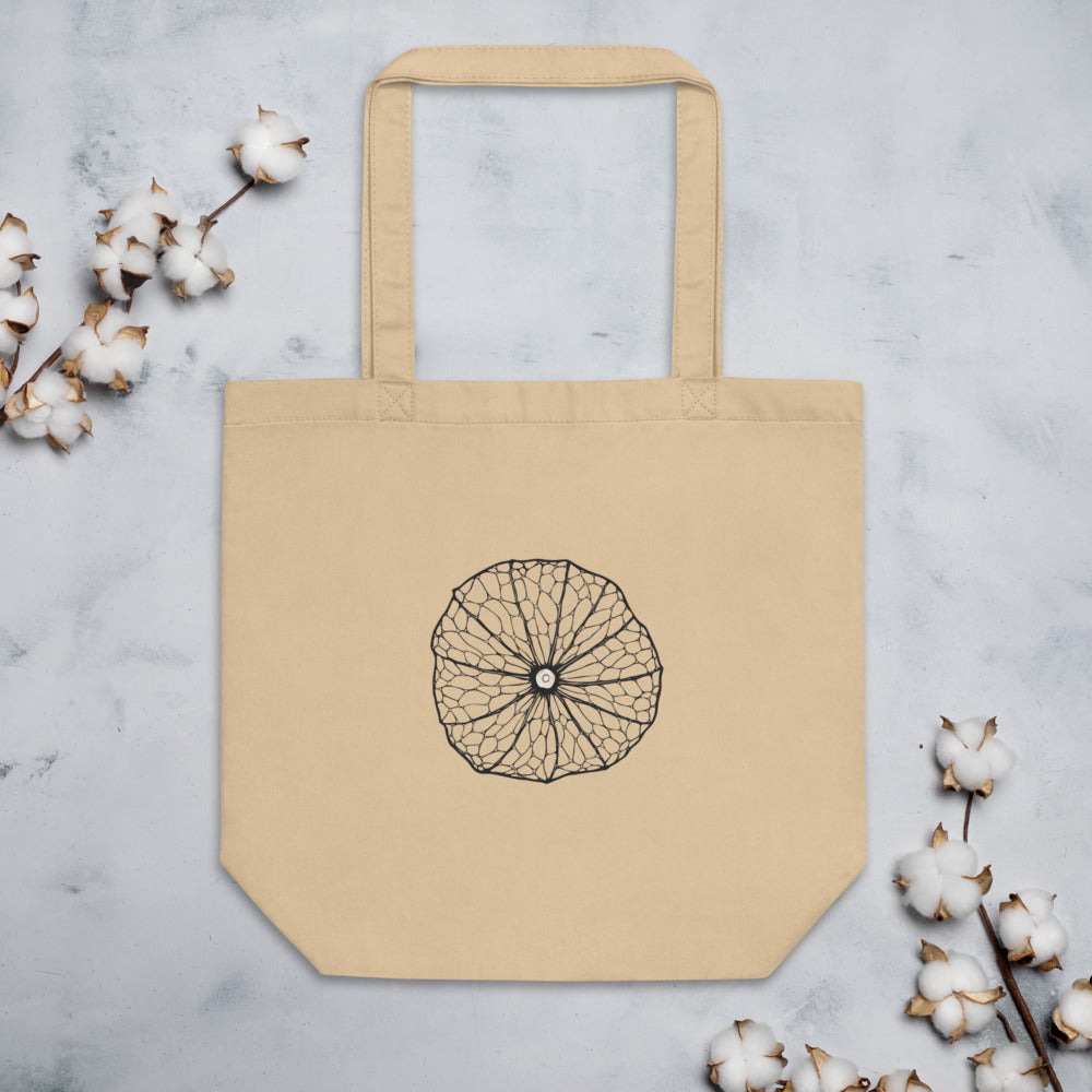 Fine-line illustration of a skeletonized Physalis calyx printed on a tote bag. Flat lay, Bone colourway.