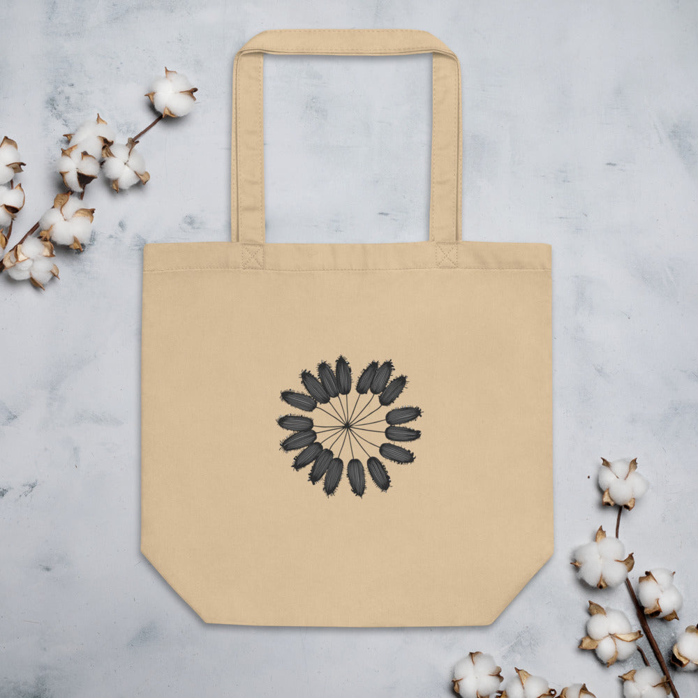 A detailed botanical line art illustration of a cumin seed umbellule printed on a tote bag. Flat lay, Bone colourway.
