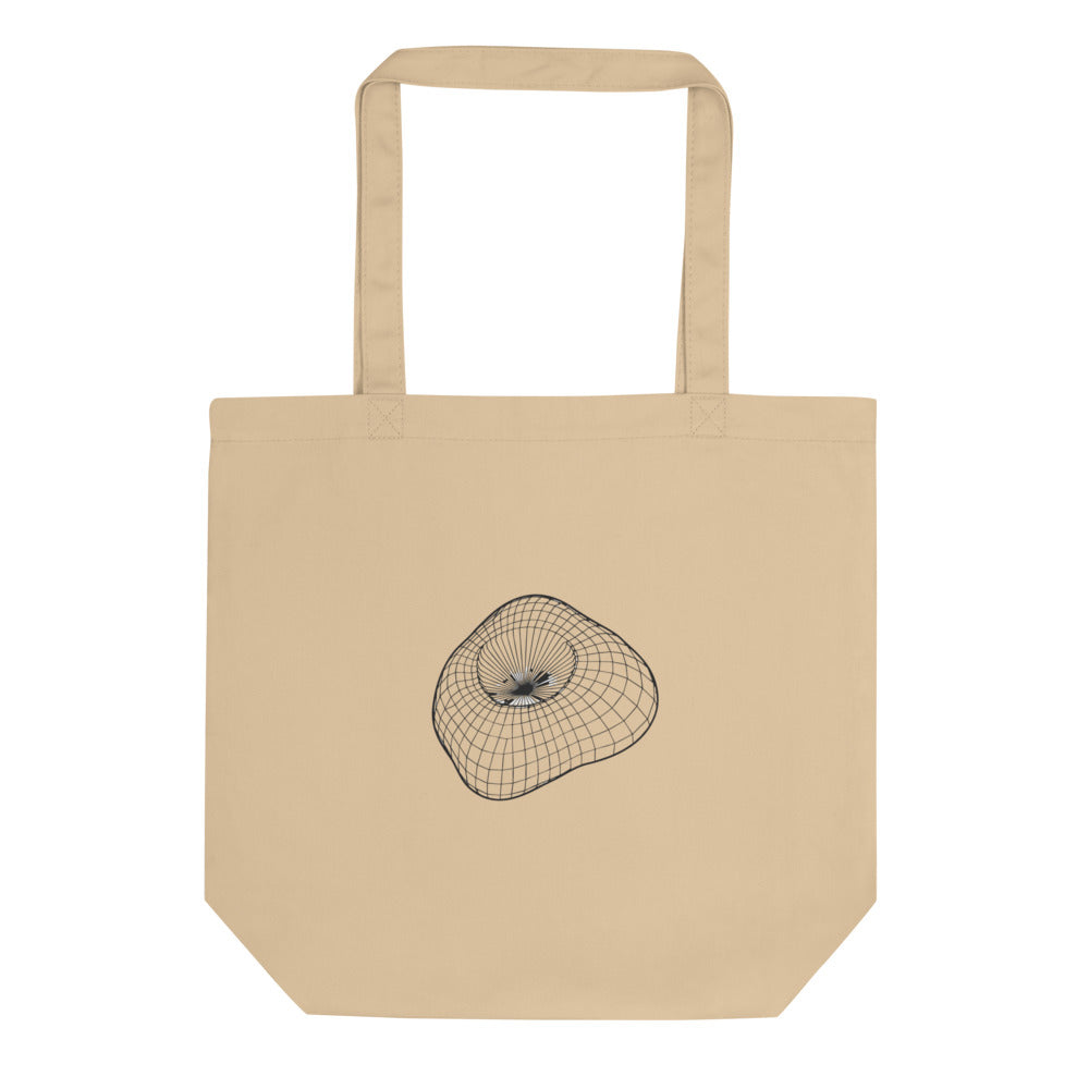 An isometric wireframe grid mapping the irregular form of Mars' moon Phobos, printed on a tote bag. Shown on the Bone (Oyster) colorway.