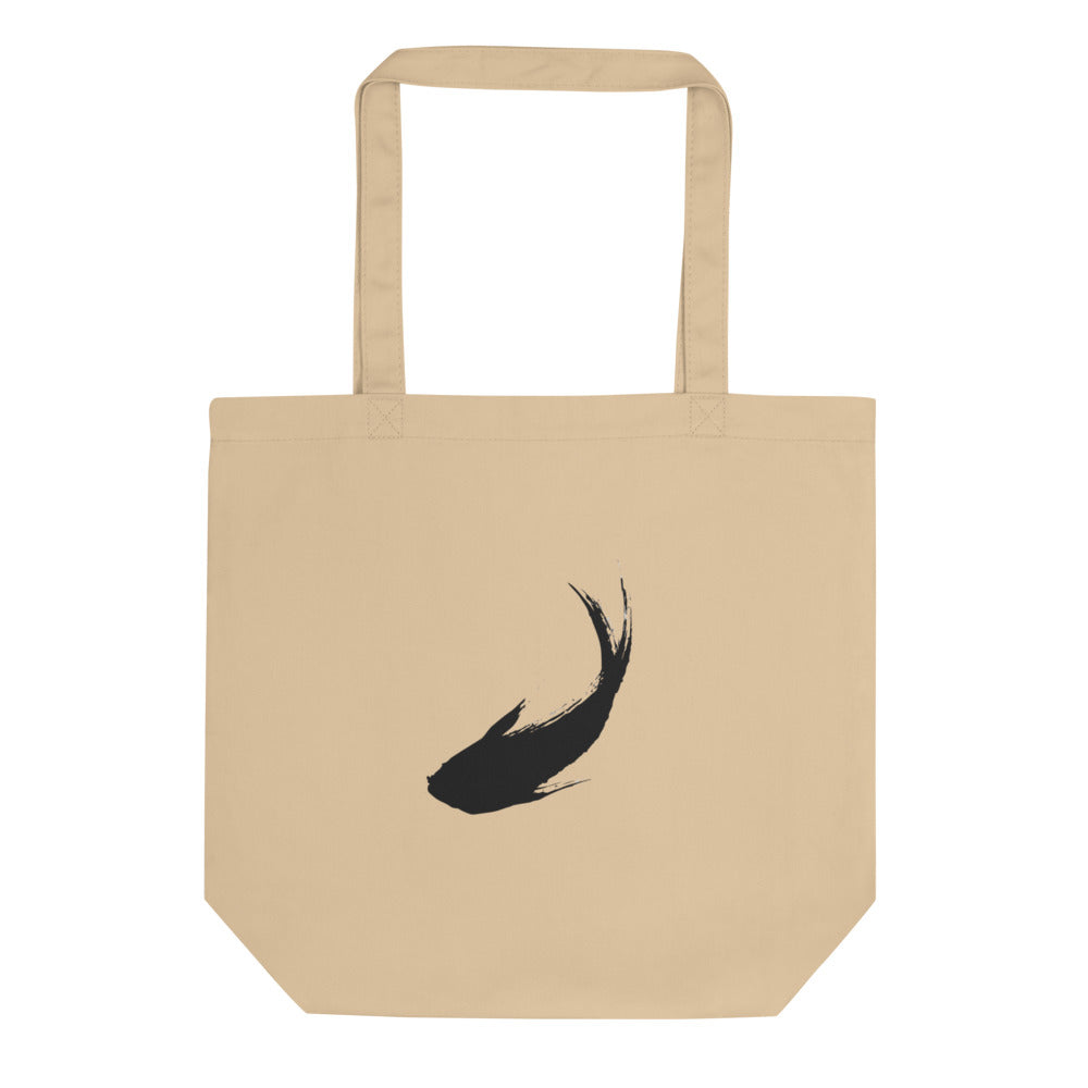 A minimal sumi-e ink brush painting of a single ascending carp printed on a tote bag. Shown on the Bone (Oyster) colorway.