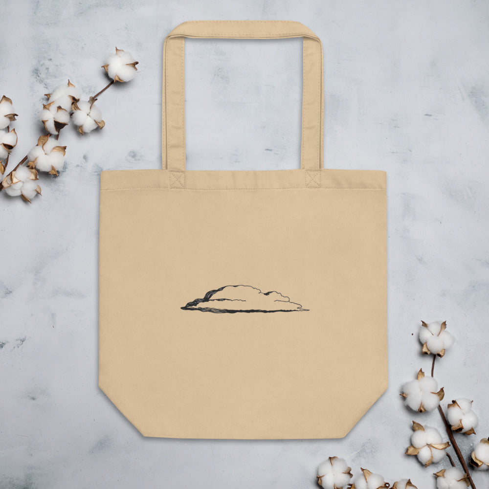 An engraving of a single stratus cloud in a broad horizontal band, printed on a cotton tote bag. Flat lay, Bone colourway.