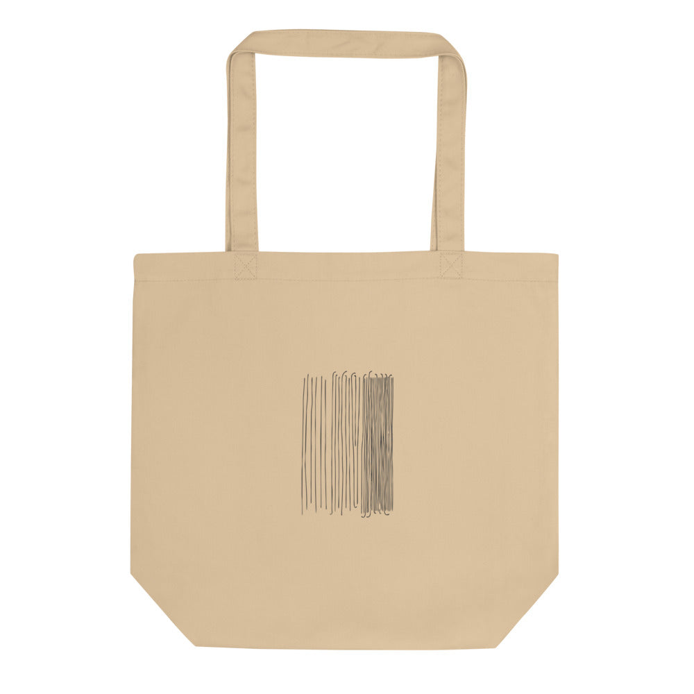 A three-column minimalist line art rain pattern printed on a tote bag. Shown on the Bone (Oyster) colorway.