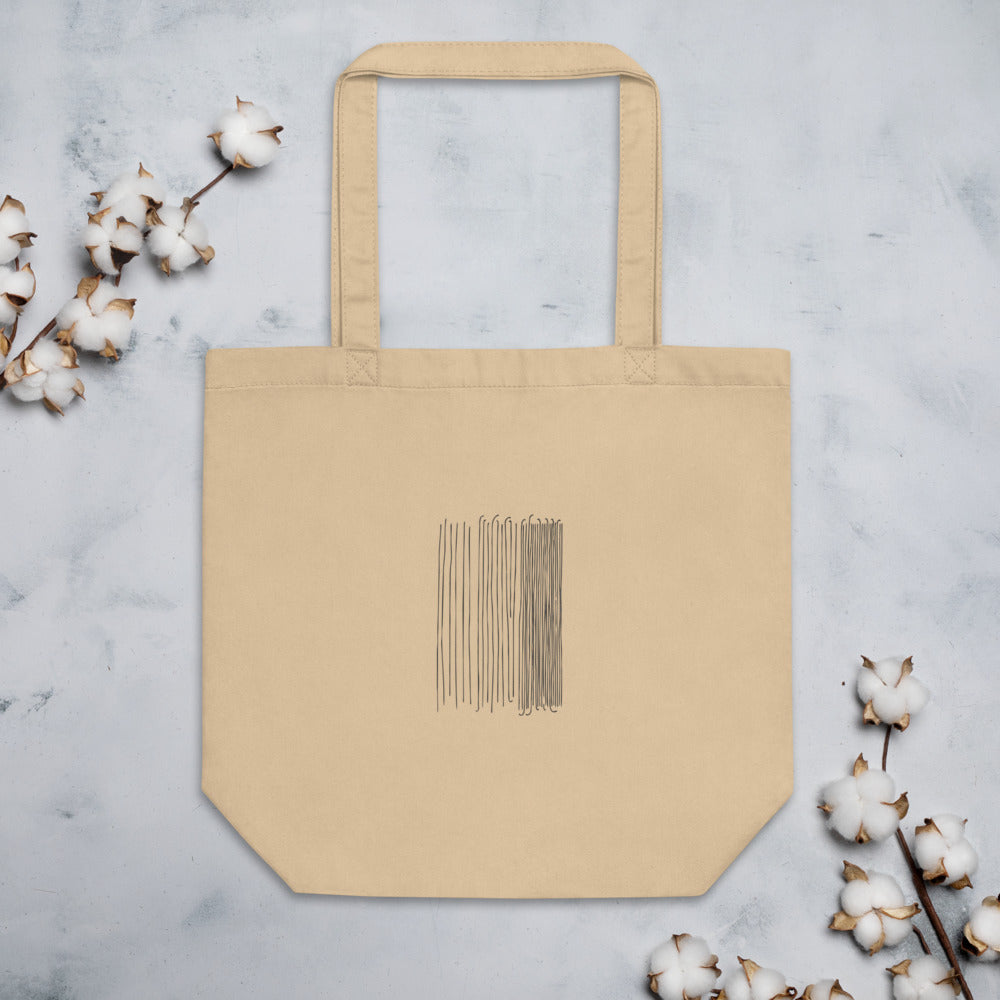 A three-column minimalist line art rain pattern printed on a tote bag. Flat lay, Bone colourway.