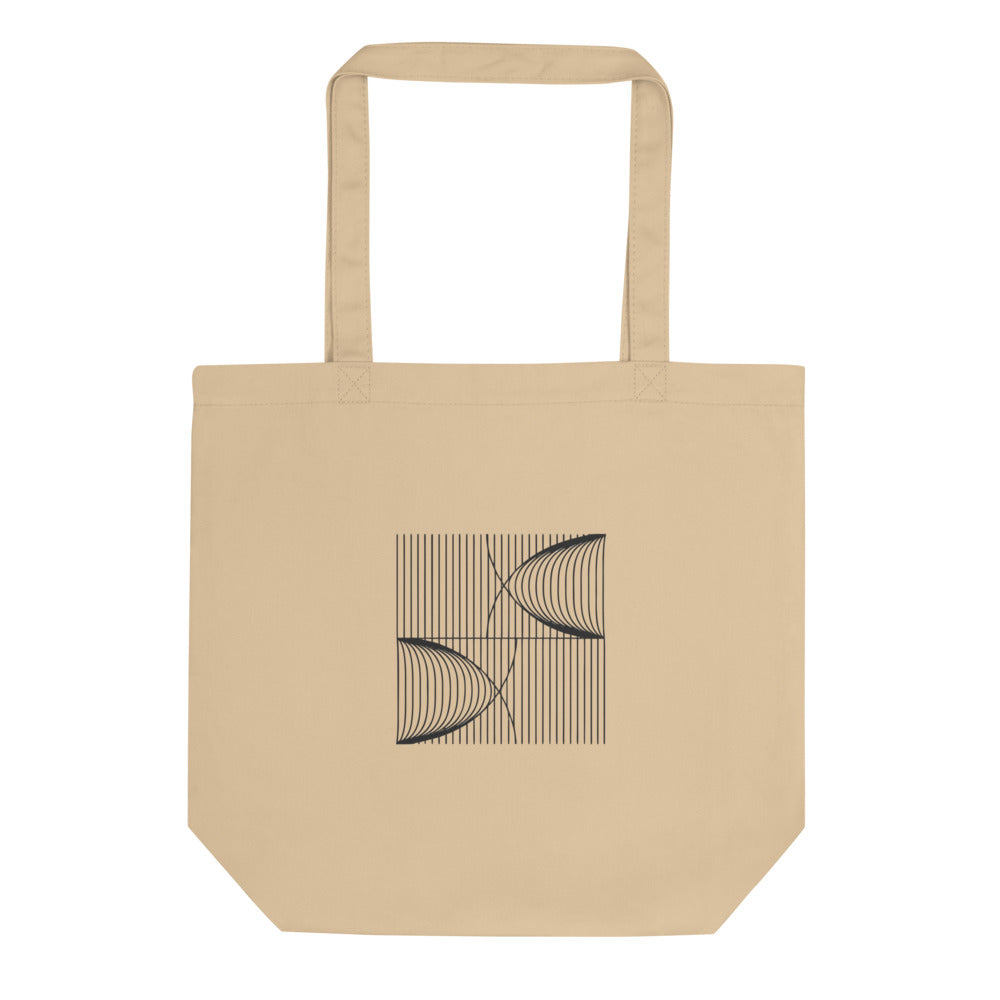 A precise mathematical design of parallel vertical lines with catenary displacement printed on a tote bag. Shown on the Bone (Oyster) colorway.