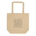 A dense, single-line self-avoiding walk path graphic in hairline weight on a tote bag. Shown on the Bone (Oyster) colorway.