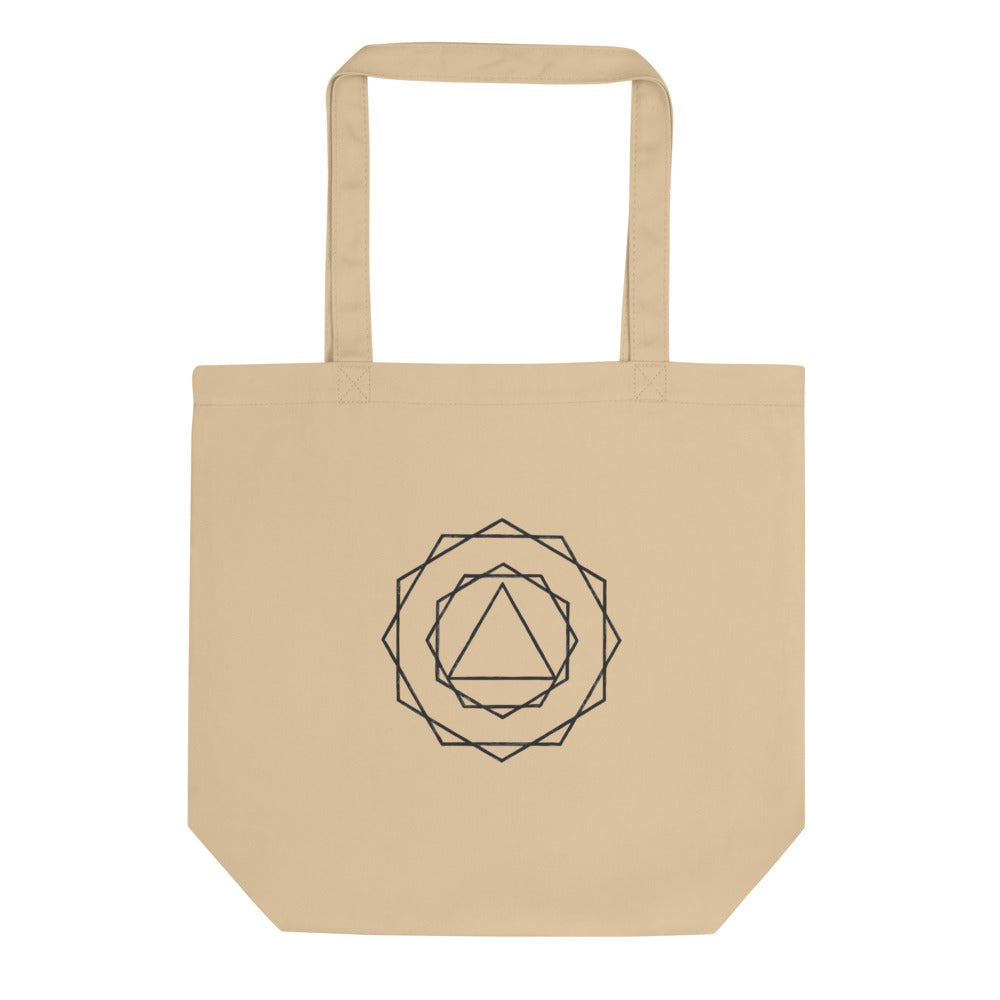 A nested progression of regular polygons from a central triangle to a 24-gon in crisp vector lines on a tote bag. Shown on the Bone (Oyster) colorway.