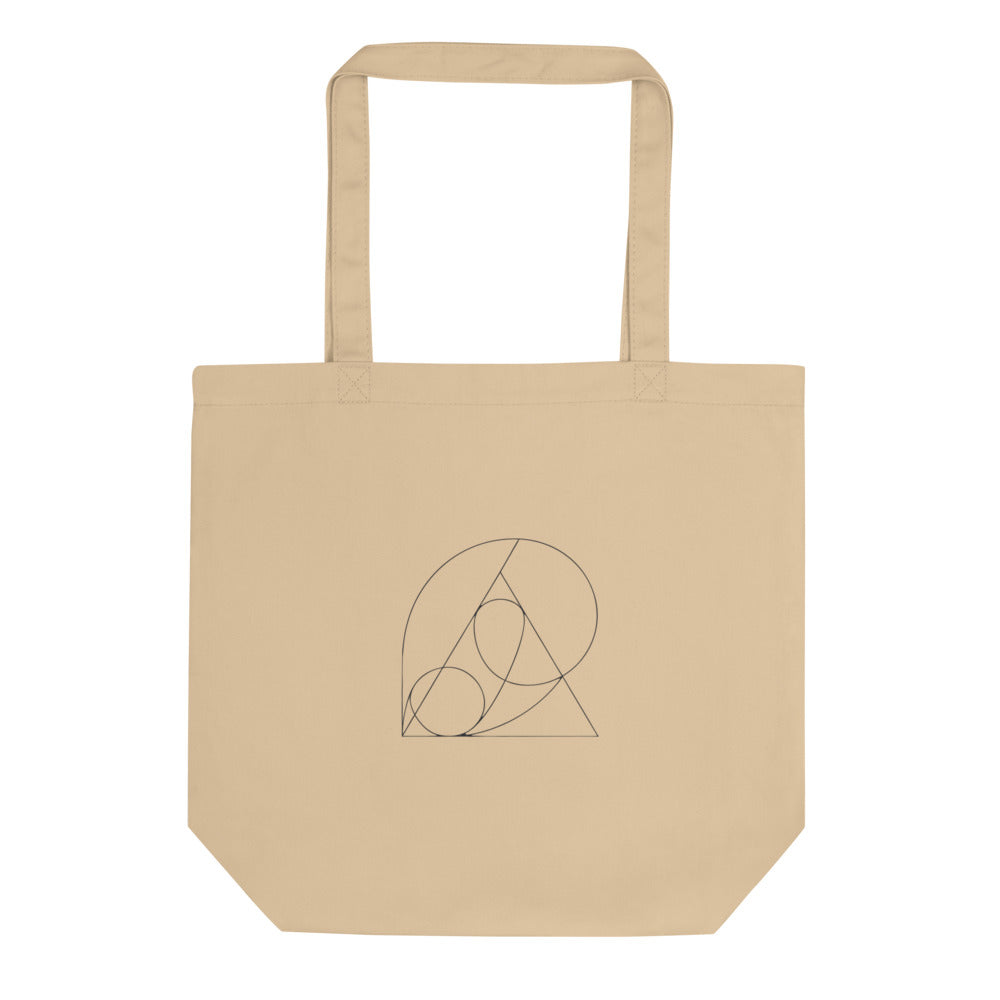 A pedal curve parabola construction in fine hairline strokes printed on a tote bag. Shown on the Bone (Oyster) colorway.