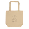 A pedal curve parabola construction in fine hairline strokes printed on a tote bag. Shown on the Bone (Oyster) colorway.
