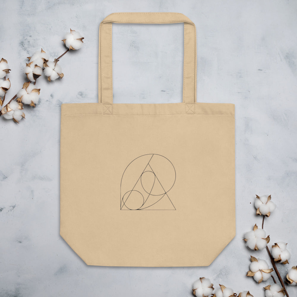 A pedal curve parabola construction in fine hairline strokes printed on a tote bag. Flat lay, Bone colourway.
