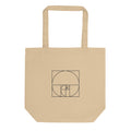 A minimalist geometric design featuring nesting Fibonacci squares and a sweeping logarithmic arc in fine hairline lines on a tote bag. Shown on the Bone (Oyster) colorway.