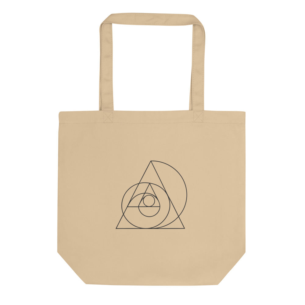 A nested sequence of Kepler triangles in fine vector lines printed on a tote bag. Shown on the Bone (Oyster) colorway.