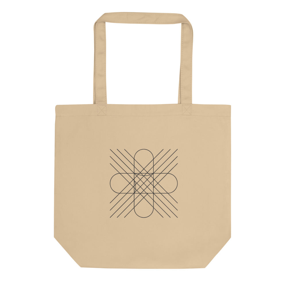 Symmetrical orthogonal hyperbolic curves in a hairline vector grid printed on a tote bag. Shown on the Bone (Oyster) colorway.