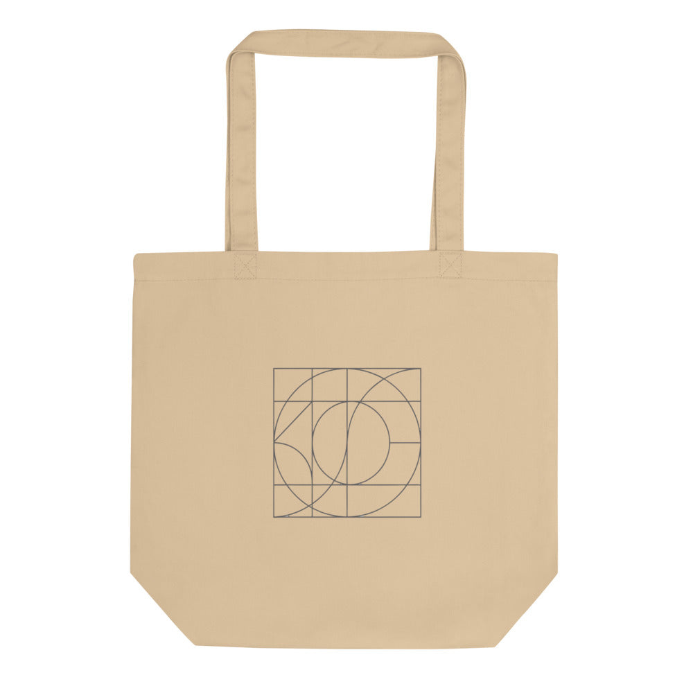A sine-sheared orthogonal grid graphic in identical hairline thickness printed on a tote bag. Shown on the Bone (Oyster) colorway.