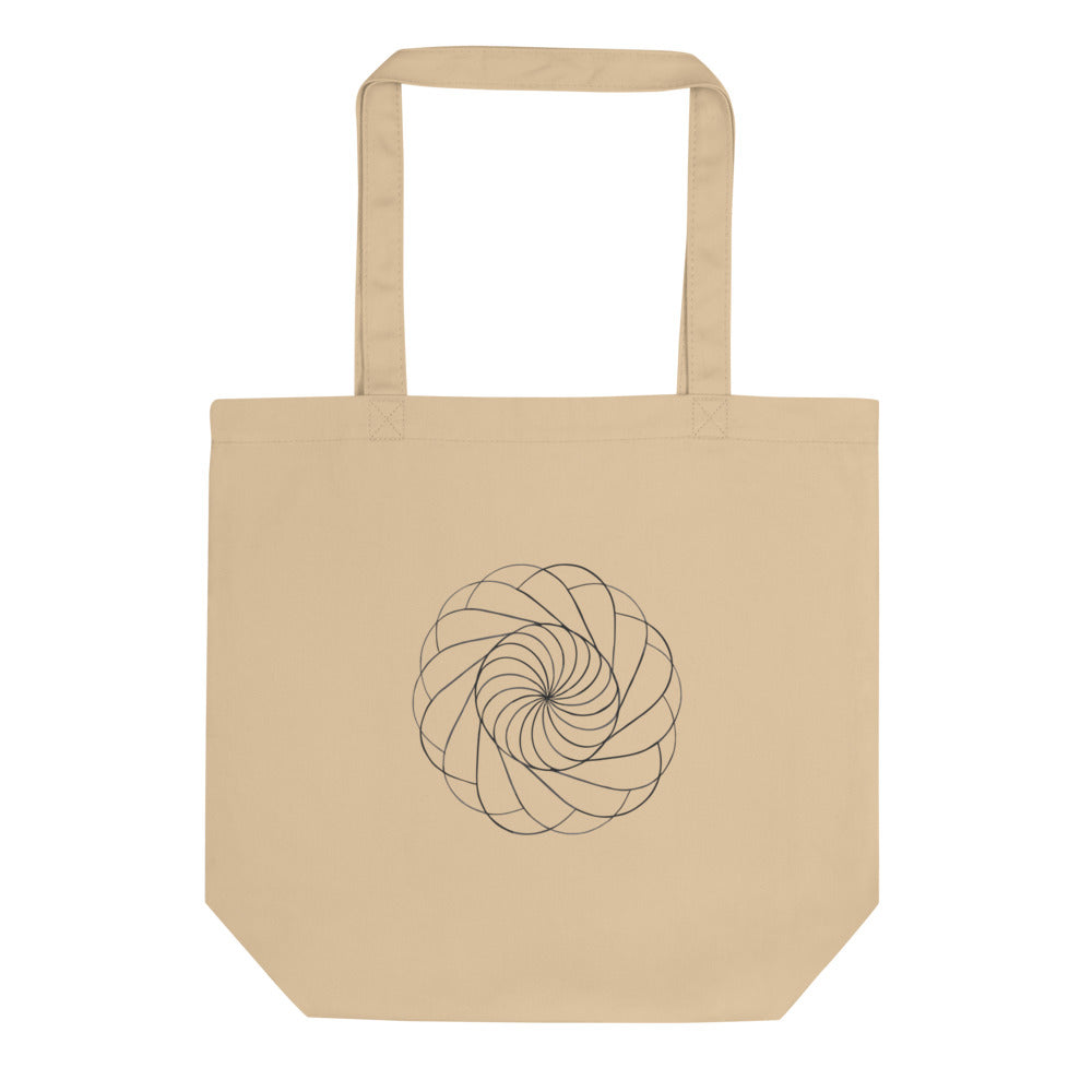 A sequence of nested Reuleaux triangles rotated progressively around a central hub, printed on a tote bag. Shown on the Bone (Oyster) colorway.