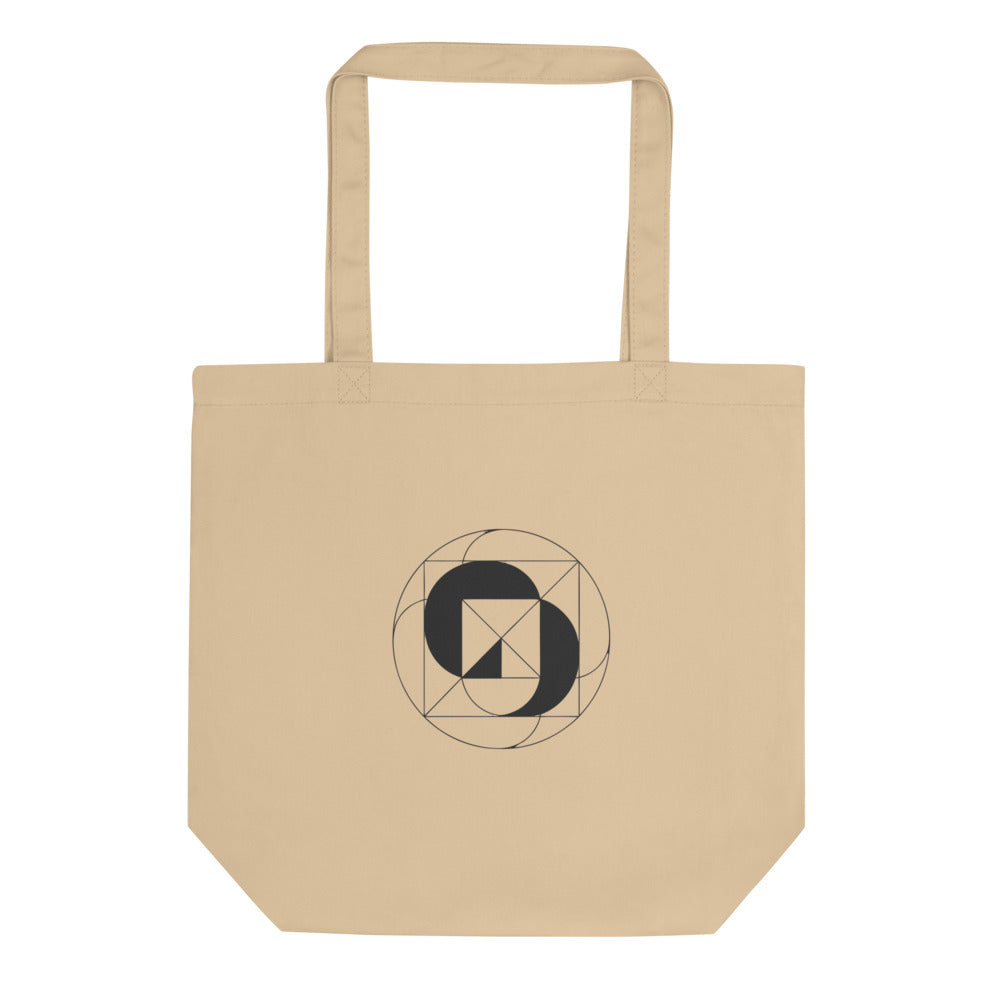 A geometric design of inverted concentric circles in thin vector lines on a tote bag. Shown on the Bone (Oyster) colorway.