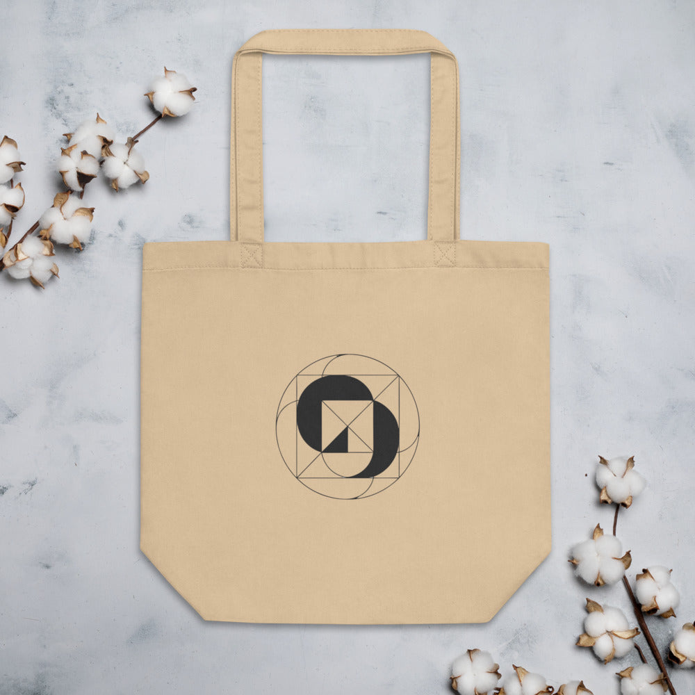 A geometric design of inverted concentric circles in thin vector lines on a tote bag. Flat lay, Bone colourway.