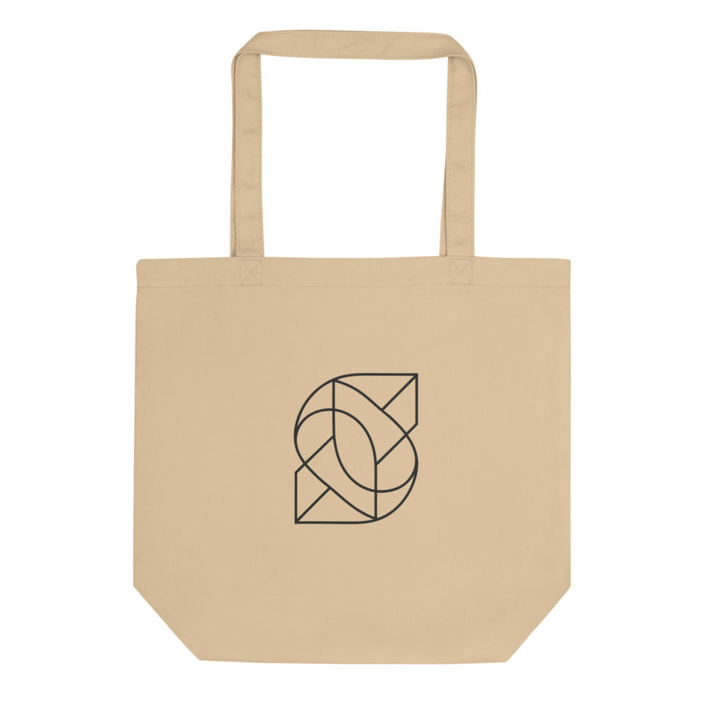 A flat orthographic vector projection of a 3D Lissajous knot printed in a single continuous hairline path on a tote bag. Shown on the Bone (Oyster) colorway.