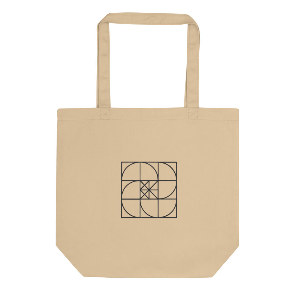The fourth iteration of the Sierpinski carpet mathematical grid printed on a tote bag in fine line art style. Shown on the Bone (Oyster) colorway.