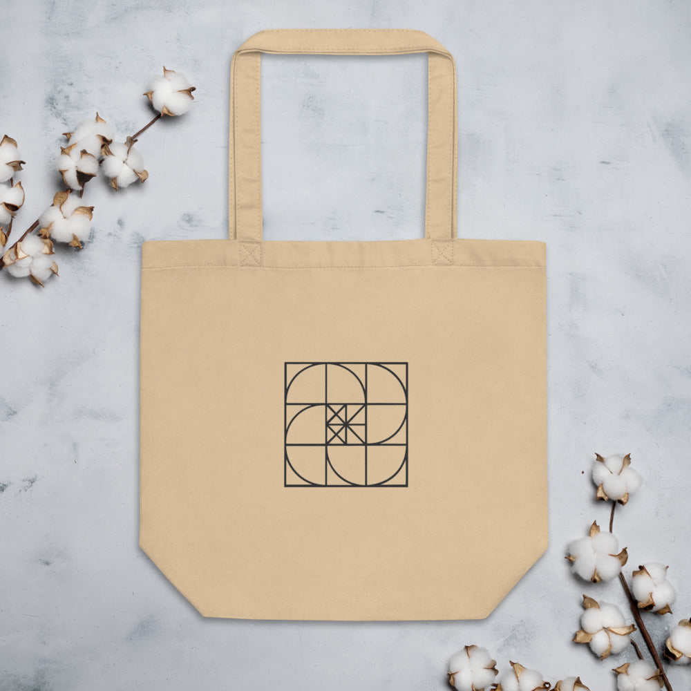 The fourth iteration of the Sierpinski carpet mathematical grid printed on a tote bag in fine line art style. Flat lay, Bone colourway.