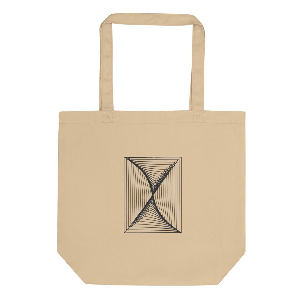 A systematic vector print of parallel vertical lines distorted by a central spiral on a tote bag. Shown on the Bone (Oyster) colorway.